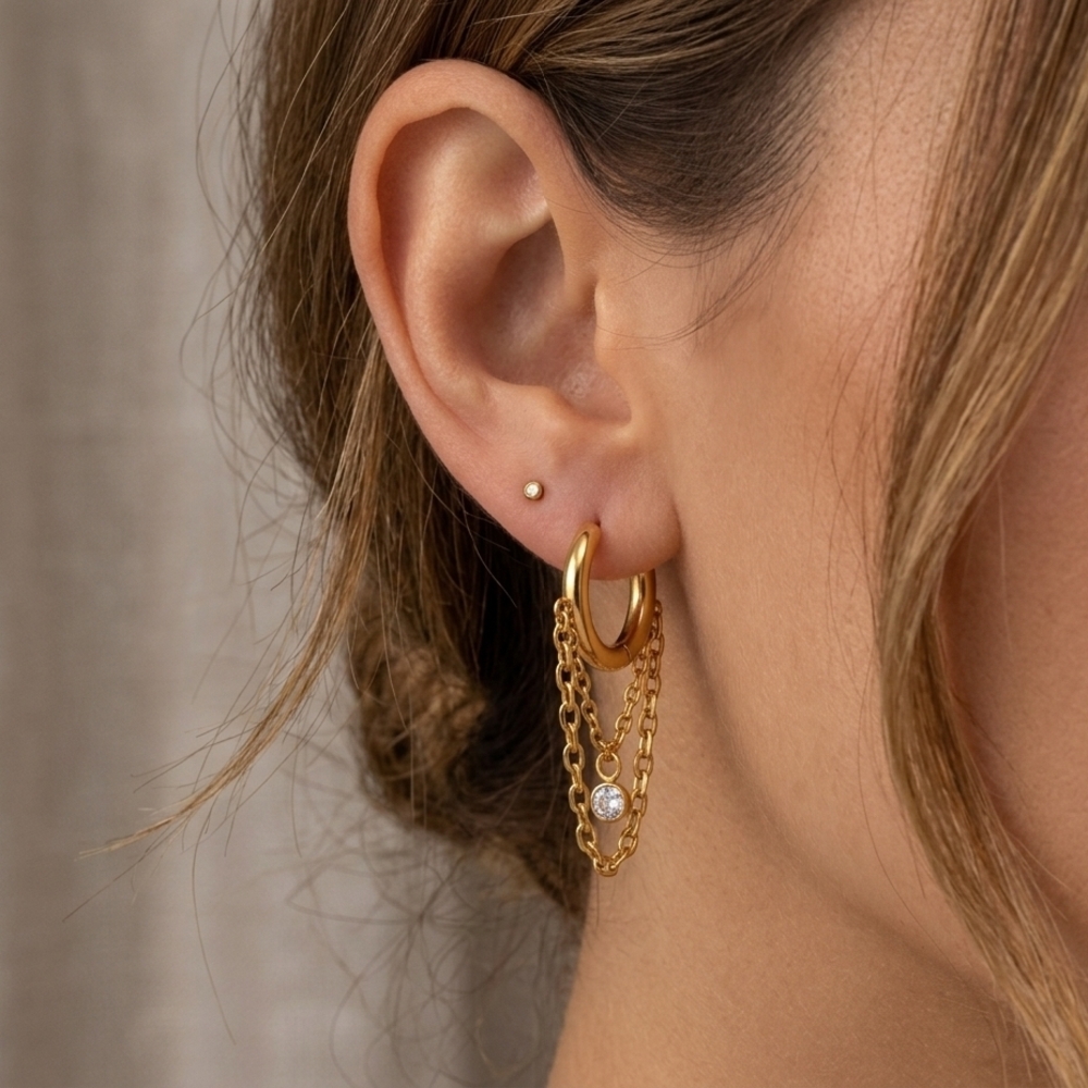 Gold Hoop Earring with Double Chain and Crystal Drop